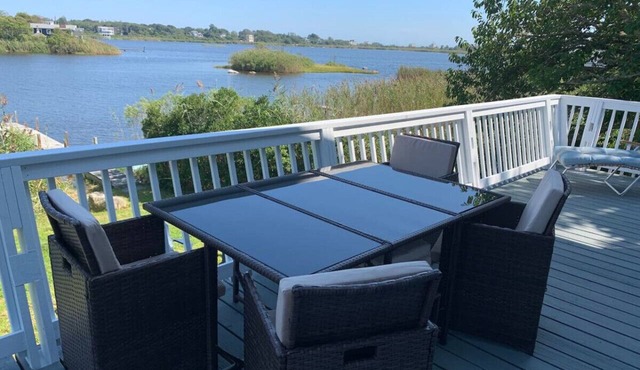 Waterfront Salt Pond House, water view and dock in South Kingstown